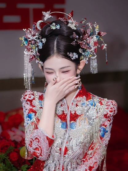 Moonlight - Silver Butterfly and Red Flower Bridal Hairpin Traditional Chinese Wedding Hair Accessories