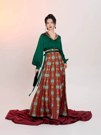 Tang Dynasty Modern Hanfu Set with Round Collar Top and Wrap Skirt - Yanhong 嫣红 (Preorder)