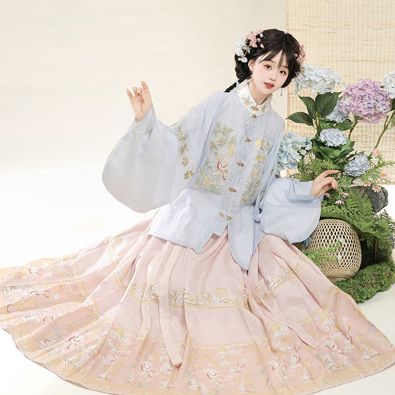 Ming Dynasty Pastel Embroidered Pipa Sleeve Top & Printed Mamian Skirt | Osmanthus Rabbit 桂花兔