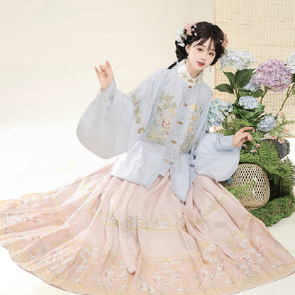 Ming Dynasty Pastel Embroidered Pipa Sleeve Top & Printed Mamian Skirt | Osmanthus Rabbit 桂花兔