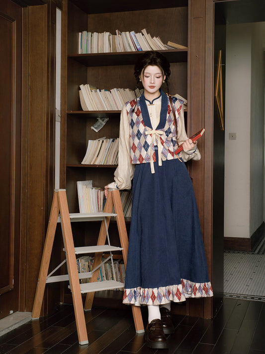 New Chinese Style Tencel Long Sleeve Top and Elastic Skirt with Pockets - Red Glaze 霁蓝红釉