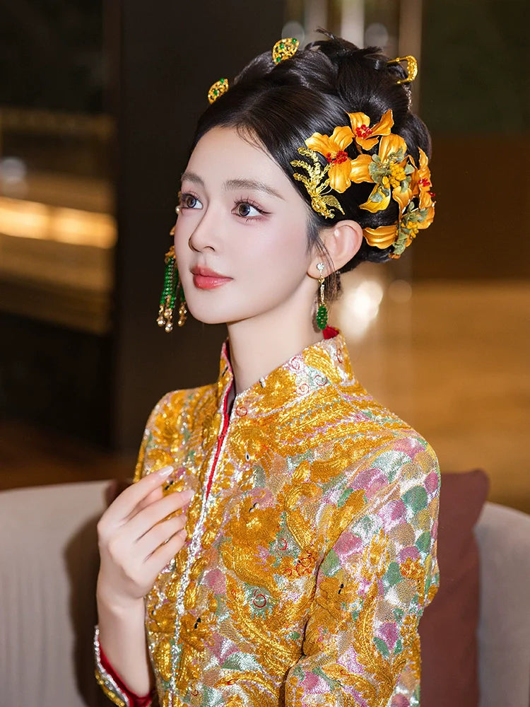 Golden Flower Phoenix Bridal Hairpin Tassel Chinese Wedding Hair Accessories for Hanfu Bride