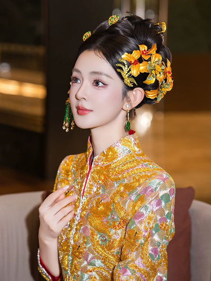 Golden Flower Phoenix Bridal Hairpin Tassel Chinese Wedding Hair Accessories for Hanfu Bride