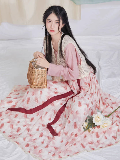 Tang Dynasty Modern Hanfu Set with Beizi Overlay & Pleated Wrap Skirt - Raspberry 树莓 (Preorder)