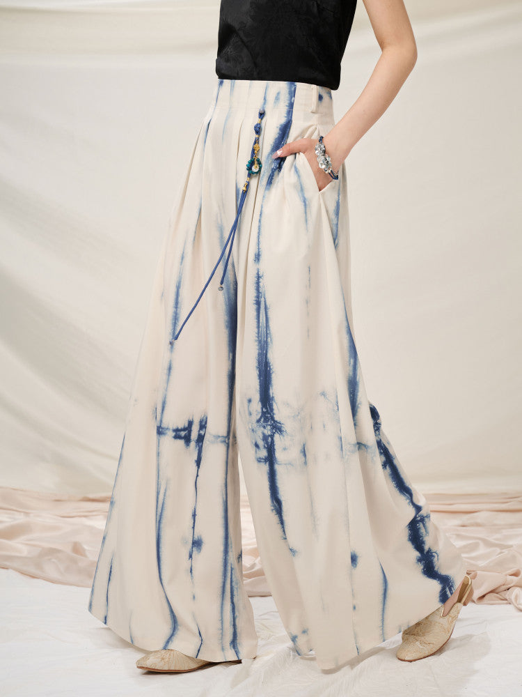 New Chinese Style Tie Dye High Waist Wide Leg Pants - Lanji 揽霁