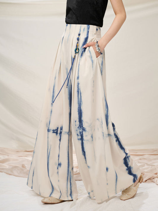 New Chinese Style Tie Dye High Waist Wide Leg Pants - Lanji 揽霁