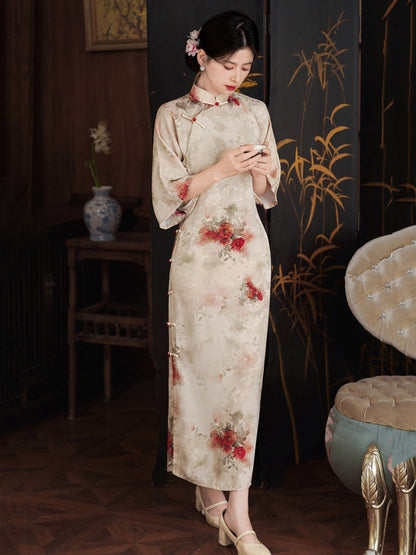 Mid Sleeve Floral Long Cheongsam | Vintage