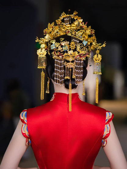 Red Phoenix - Luxury Crown Bridal Headpiece Red and Blue Gem Accent with Gold Tassels for Chinese Wedding Qipao