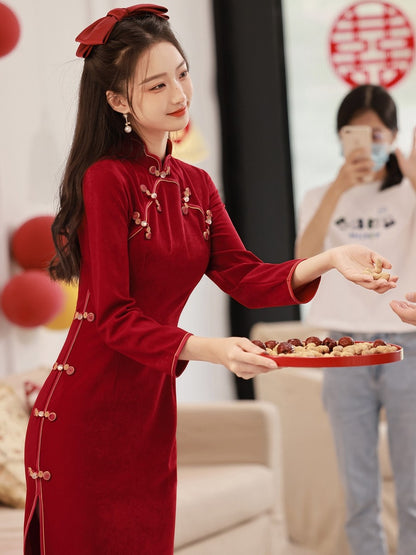 Chinese Wedding Engagement & Tea Ceremony Long Sleeve Cheongsam | Lovely Rose