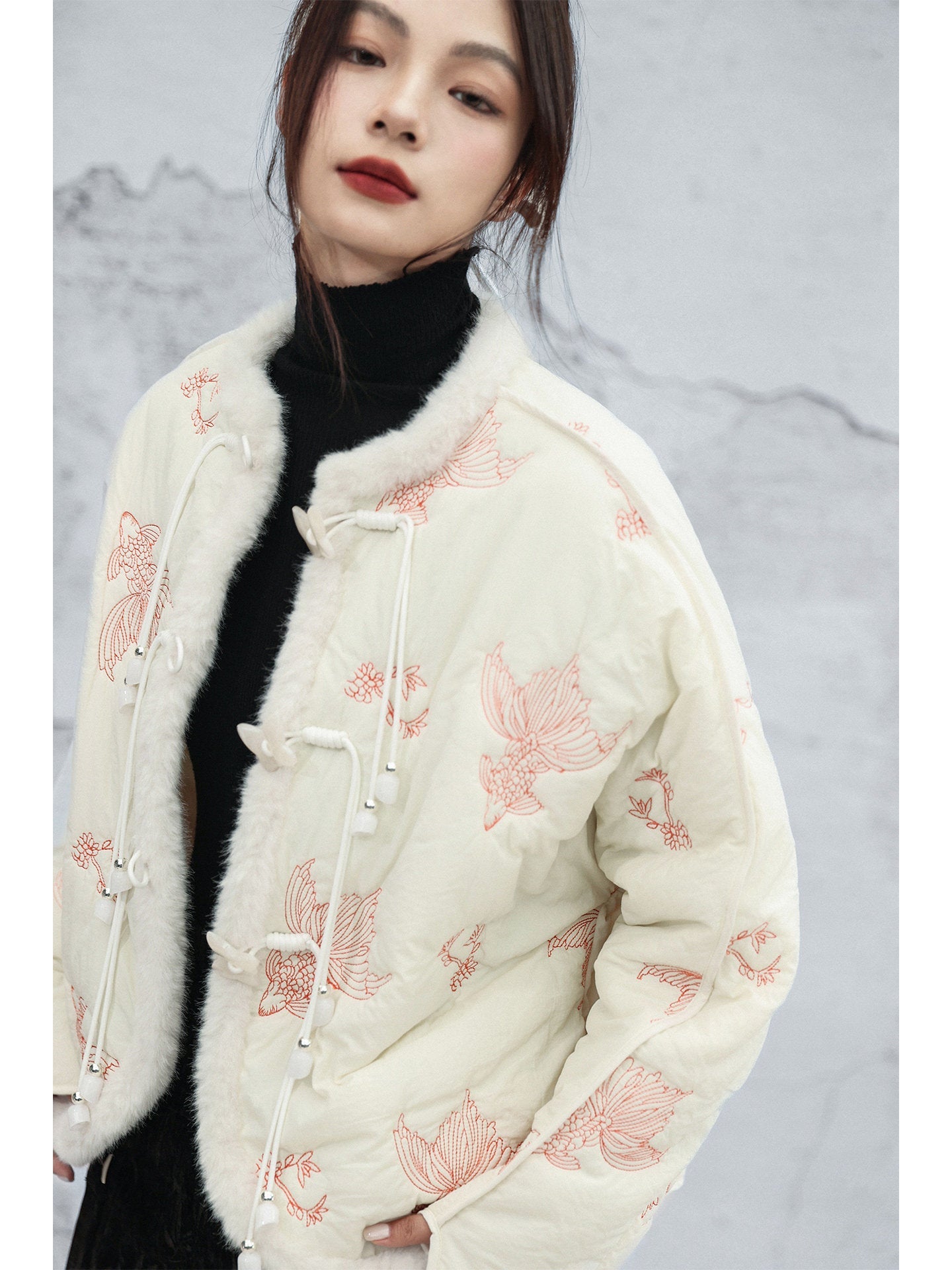 New Chinese Style Koi Embroidered Crop Jacket - Chi Mengli 池梦鲤