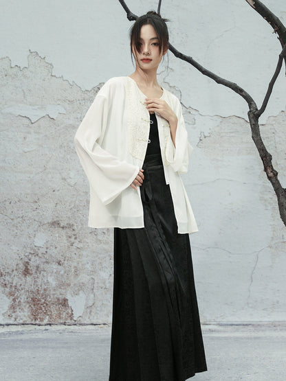 New Chinese Style V Neck Chiffon Lace Embroidered Long Sleeve Top - Symplocos 山矾