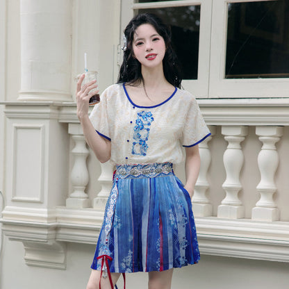 Tang Dynasty Modern Hanfu Skirt with Round Neck Top - Flying Underneath Moon 月下飞花