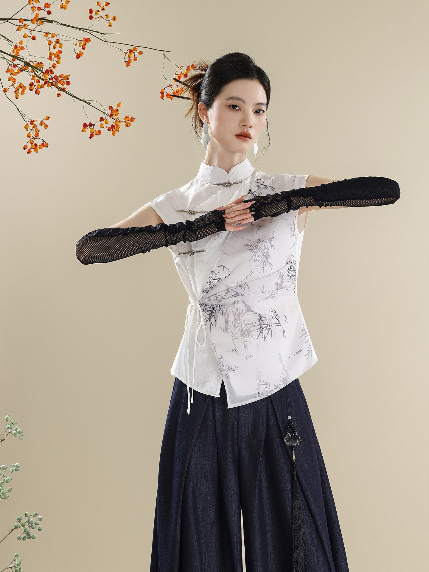New Chinese Style Asymmetric Mandarin Collar Top & Denim Saber Pants Set