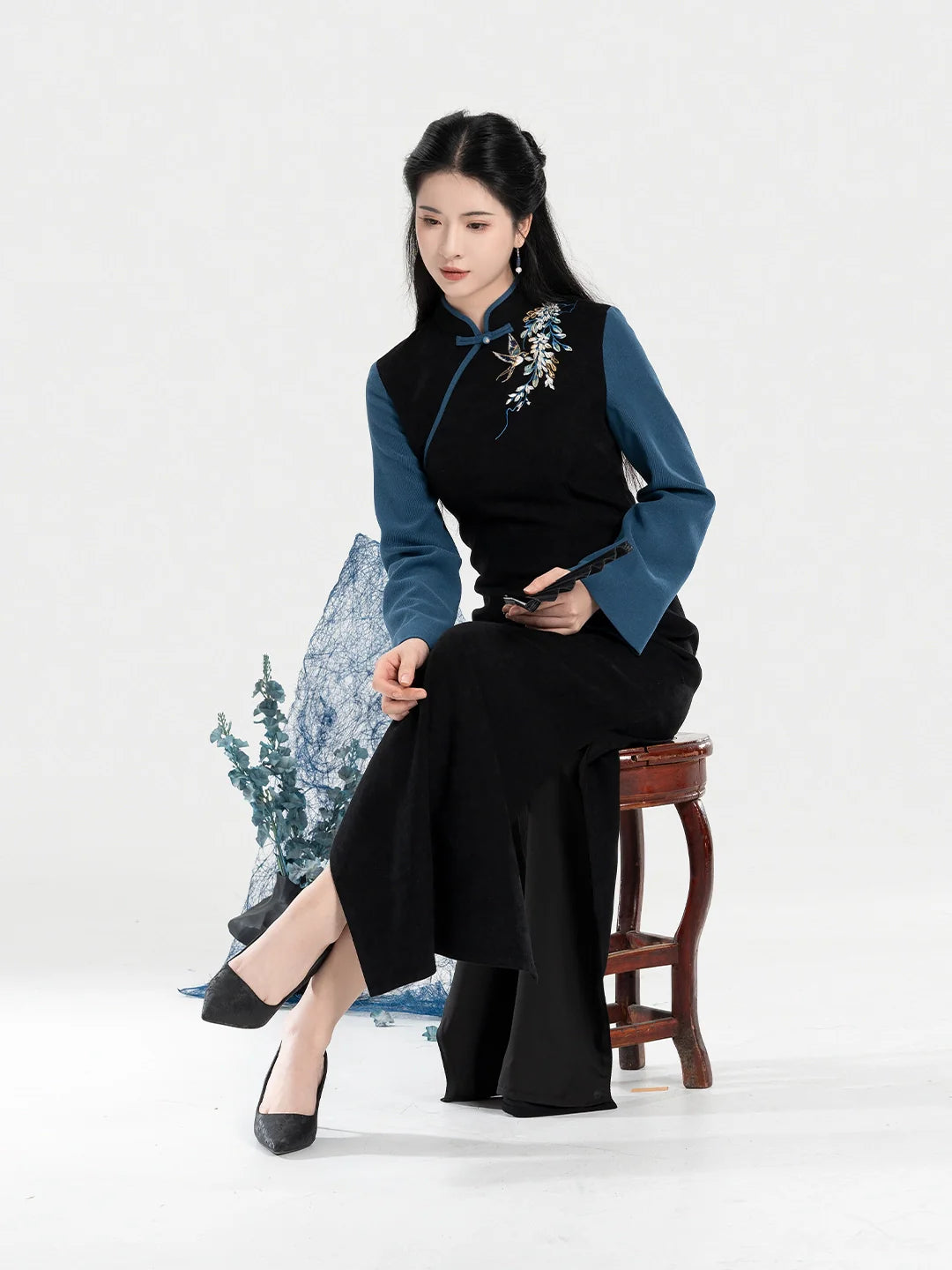 New Chinese Style Qipao Dress Embroidered Layered Long Sleeve Dress - Garden Butterfly 园中蝶 (Preorder)