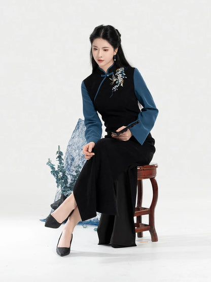 New Chinese Style Qipao Dress Embroidered Layered Long Sleeve Dress - Garden Butterfly 园中蝶 (Preorder)