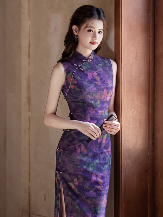 Mystic sleeveless butterflies printed midi cheongsam qipao — detail view