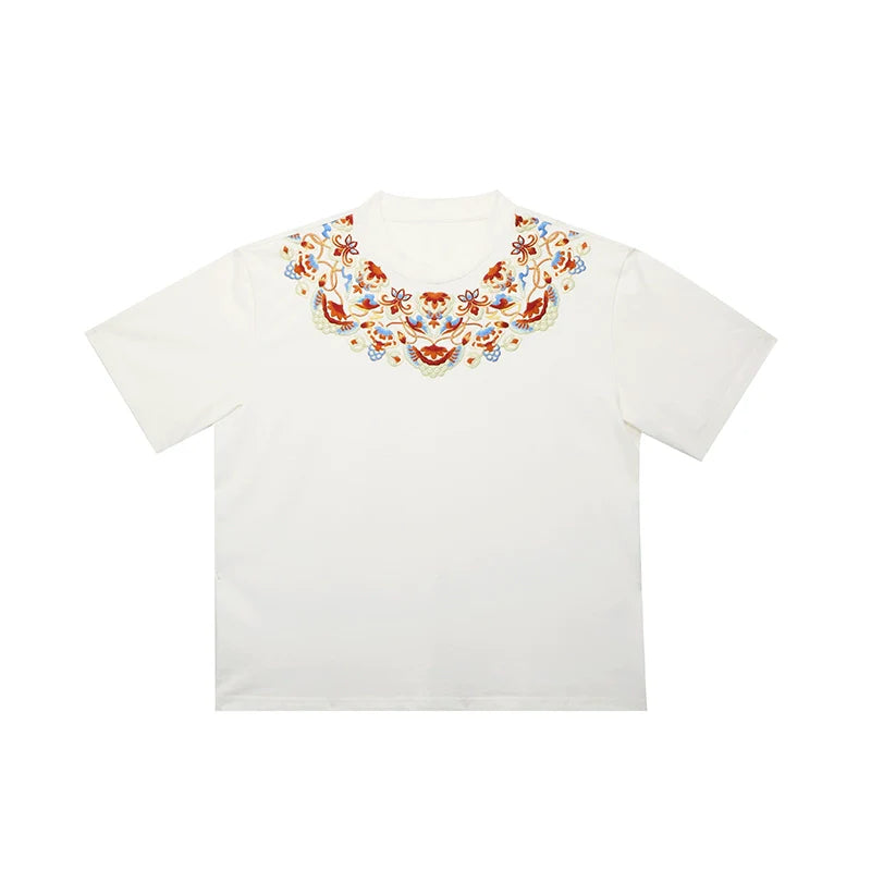 New Chinese Style Dunhuang Inspired Embroidered Cotton T-Shirt and Skirt Set - Huarongrong 花蓉蓉 (Preorder)