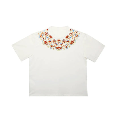 New Chinese Style Dunhuang Inspired Embroidered Cotton T-Shirt and Skirt Set - Huarongrong 花蓉蓉 (Preorder)