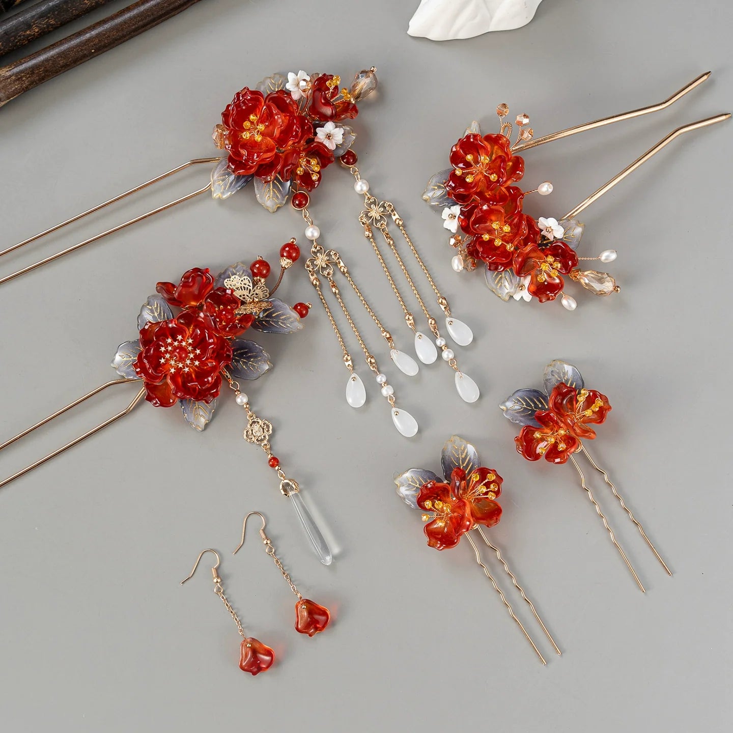 Festive Red Blossom Hair Accessories Hanfu Hairpin & Tassel Set for Traditional Hairstyles