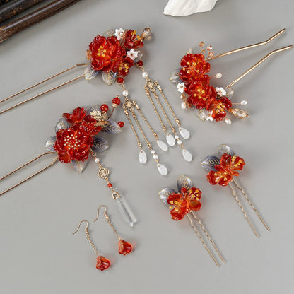 Festive Red Blossom Hair Accessories Hanfu Hairpin & Tassel Set for Traditional Hairstyles