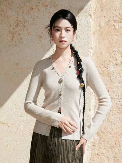 New Chinese Style V-Neck Knitted Cashmere Blend Sweater - Zhuozhuo 灼灼