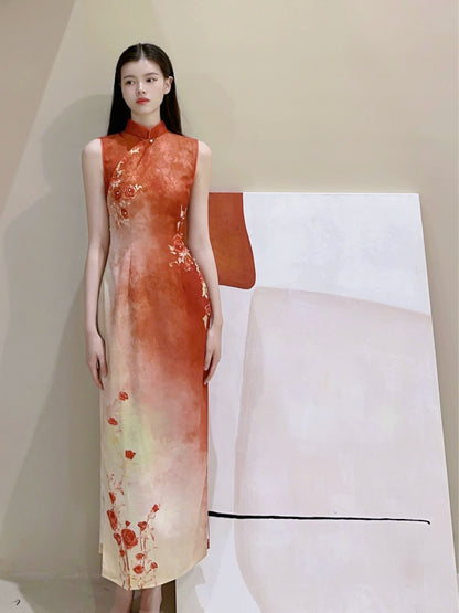 Sleeveless Autumn Gradient Floral Long Cheongsam | Luoshen