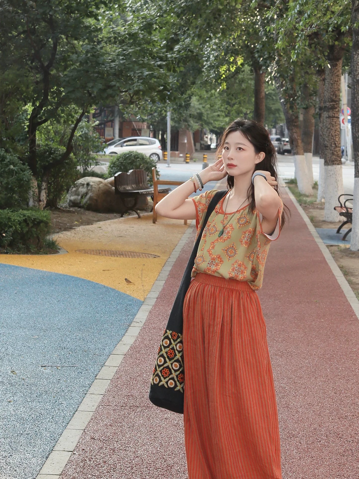Peach Blossom 桃之夭夭 - Tang-Style Hanfu Half-Sleeve Top with Linen Pants (Preorder)