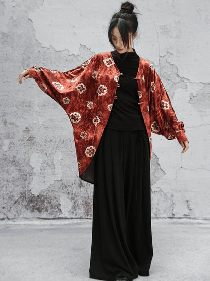 New Chinese Style Autumn Orange Red Print Loose Bat Sleeve Velvet Jacket