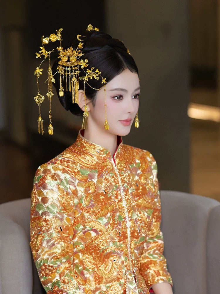 Sparkle - Chinese Bridal Hair Accessories Vintage Gold Tassel Flower Hairpins for Xiuhe and Dragon Phoenix Wedding Dress