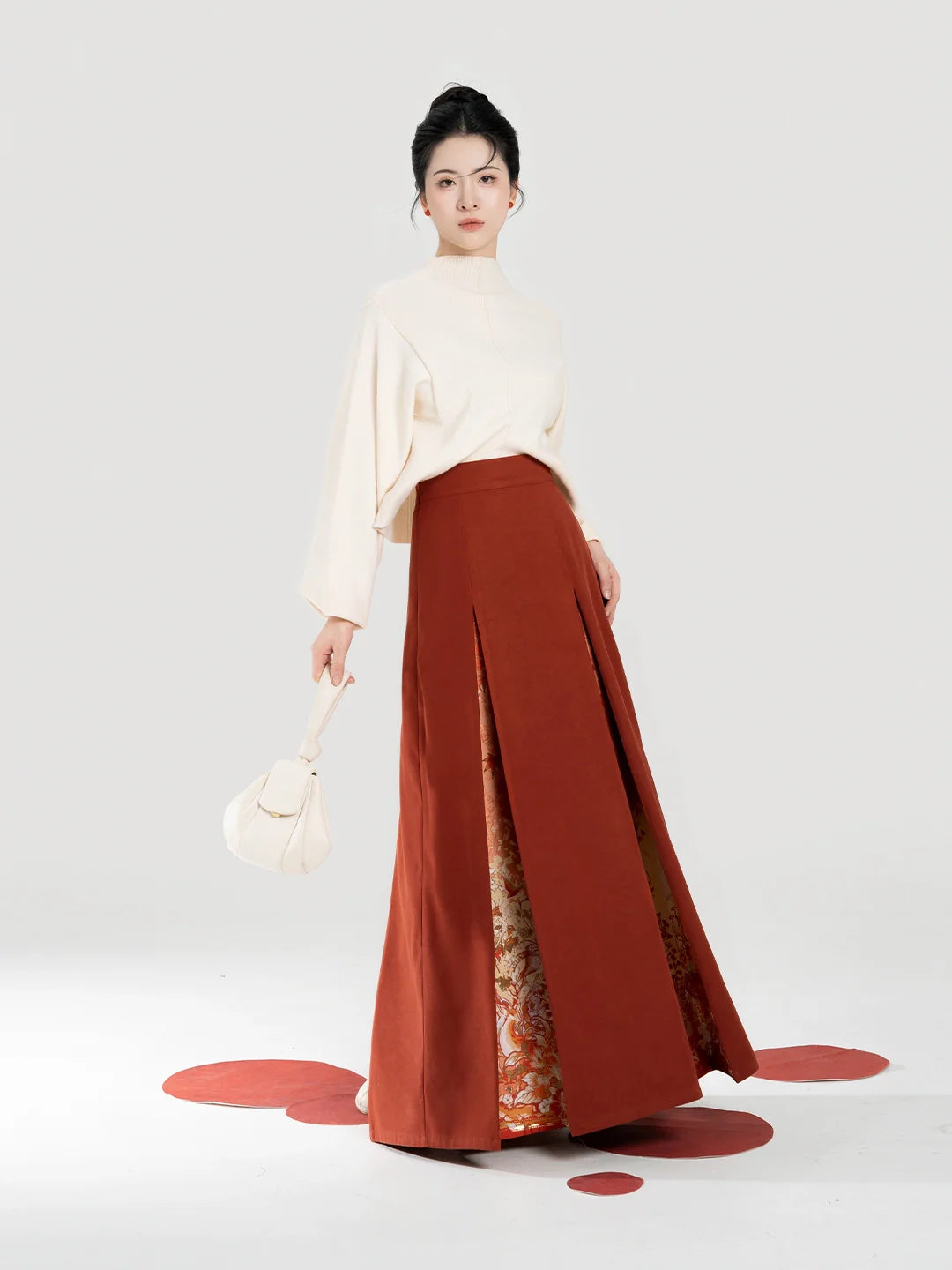 New Chinese Style Women Knit Top & Three Pleat Skirt Set - Maple Orange 枫橘 (Preorder)