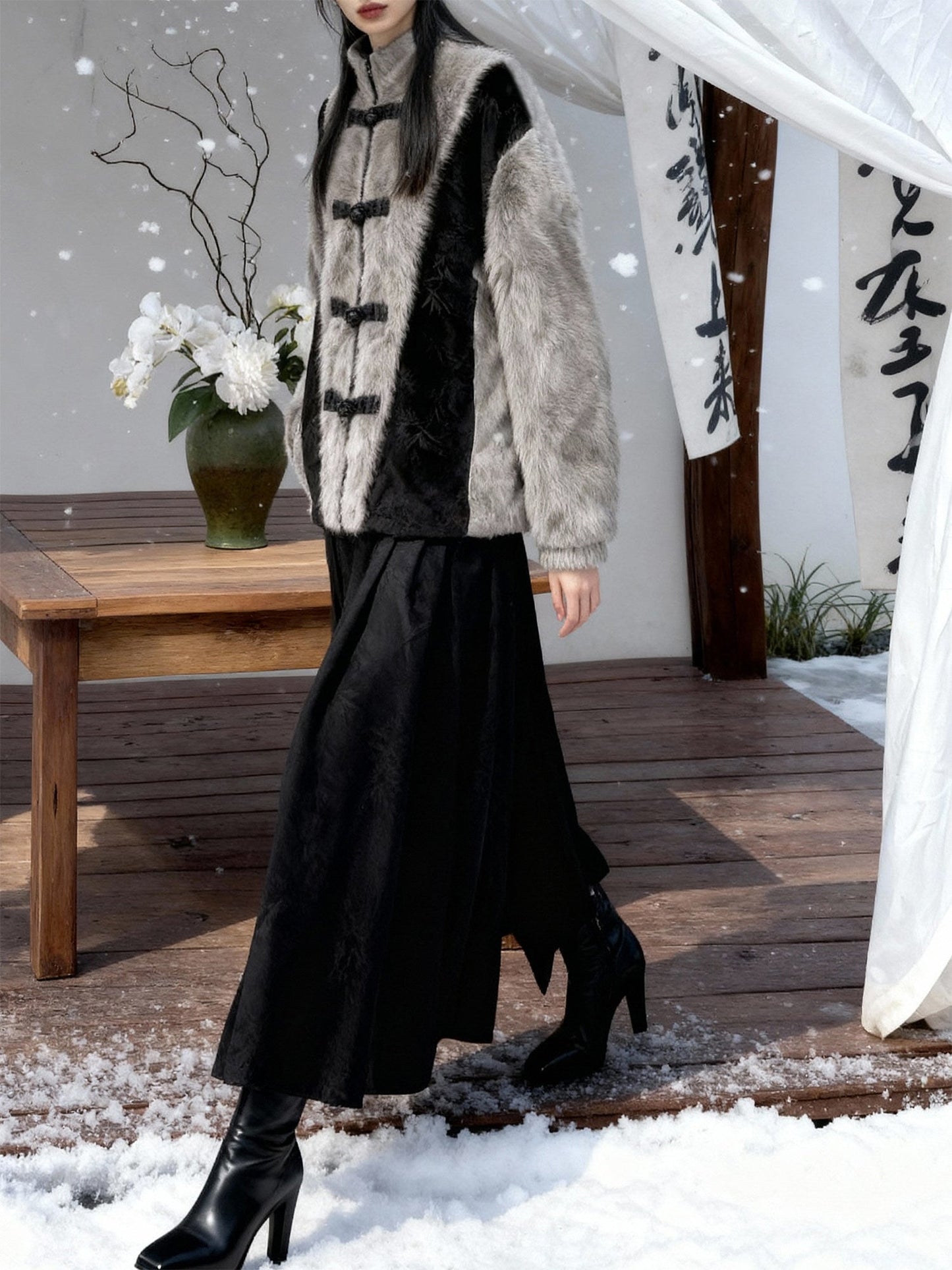 New Chinese Style Faux Rabbit Fur Jacket - Golden Bamboo Leaf 金竹叶 (Preorder)