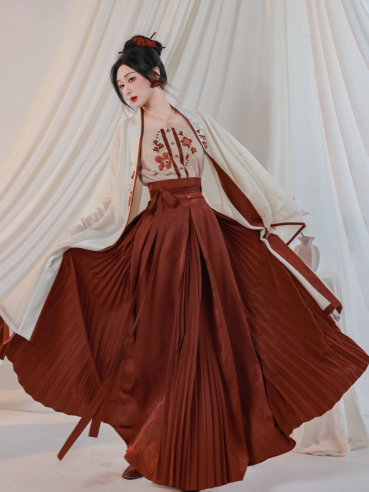 Song Dynasty Modern Hanfu Changgan Temple Beizi and Wrap Skirt - Crimson Cup 赤玉盏 (Preorder)