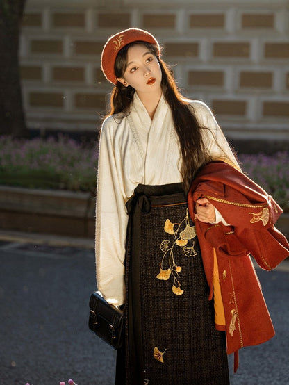 Song Dynasty Modern Hanfu Ginkgo Embroidery Autumn and Winter Jacket and Spiral Skirt - Yiyeqiu 一叶秋 (Preorder)