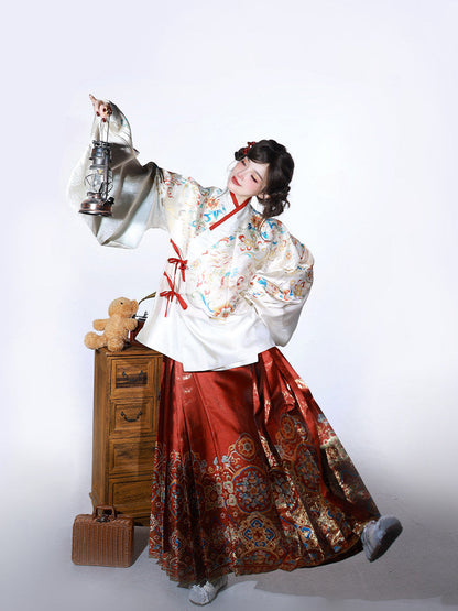 Ming Dynasty White Pipa Sleeve Top & Red Woven Horse Face Skirt | As Wished 如愿