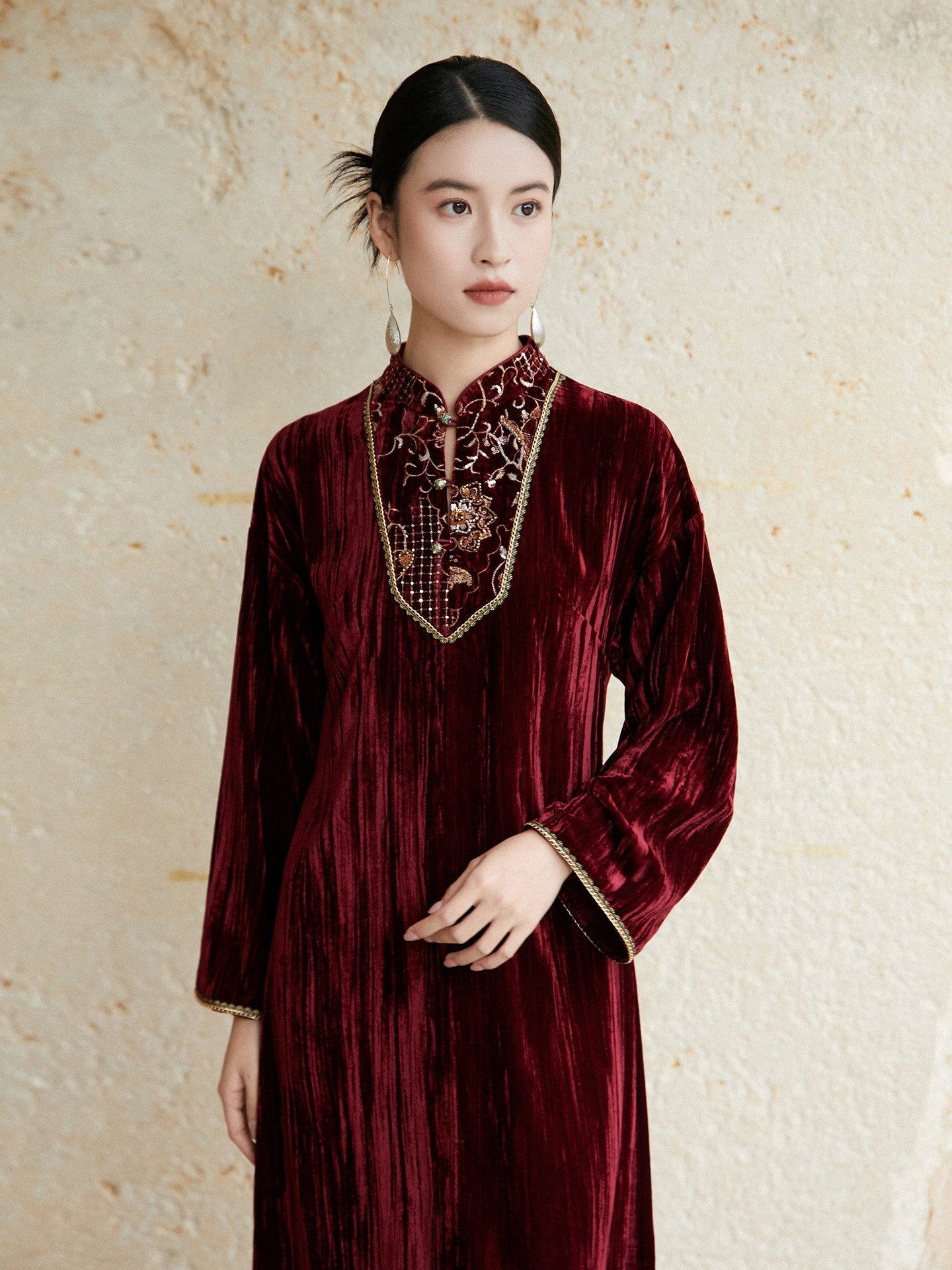 Festive Embroidered Velvet Dress for Engagement, Tea Ceremony or Chinese New Year - Soft Sunset 浅霞