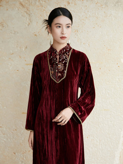 Festive Embroidered Velvet Dress for Engagement, Tea Ceremony or Chinese New Year - Soft Sunset 浅霞