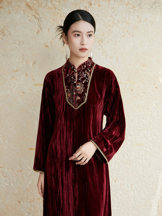 Festive Embroidered Velvet Dress for Engagement, Tea Ceremony or Chinese New Year - Soft Sunset 浅霞
