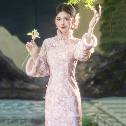 Long Sleeve Fur Trim Floral Qipao | Romance