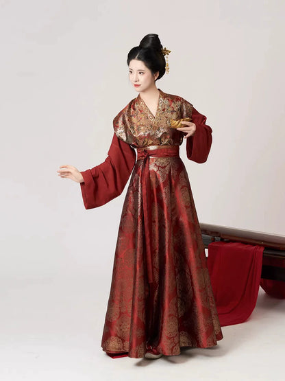 Tang Dynasty Modern Hanfu Set with Beizi Overlay & Flowing Eight-Panel Skirt - Thousands of Years of Autumn 千秋万载 (Preorder)