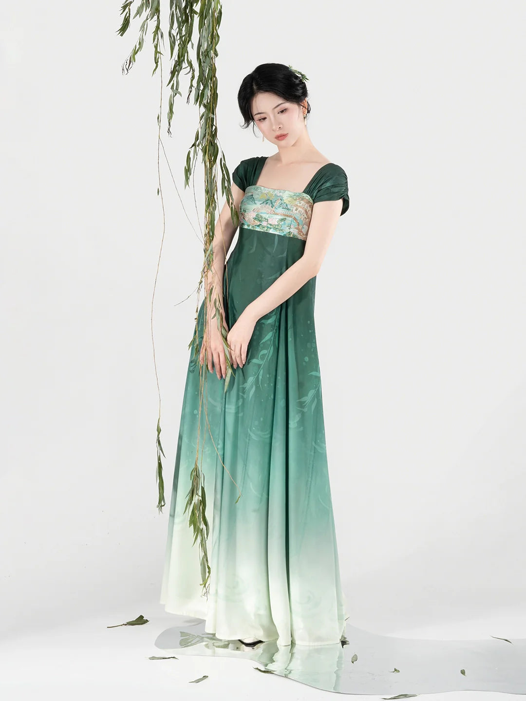 New Chinese Style Women Jiangnan Lake-Inspired Gradient Maxi Dress - Chijiao 柳池娇 (Preorder)