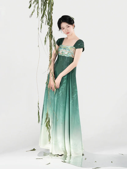 New Chinese Style Women Jiangnan Lake-Inspired Gradient Maxi Dress - Chijiao 柳池娇 (Preorder)