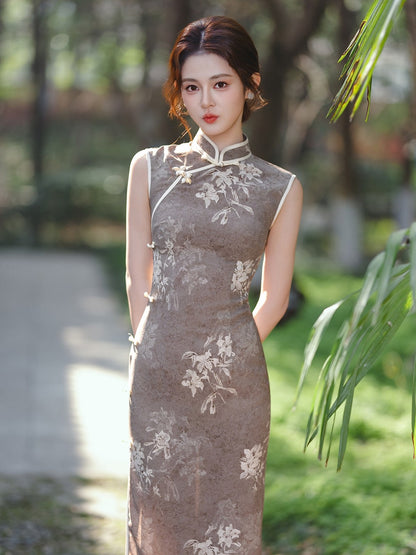 Sleeveless Ink Leaves Midi Cheongsam | Cold Fragrance