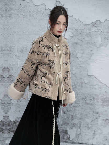 New Chinese Style Bamboo Leaf Woolen Plush Jacket - Yin Qiu 寅秋