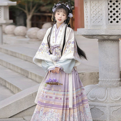 Ming Dynasty Embroidered Cross Collar Jacket & Printed Mamian Skirt | Purple Softness 紫暖暖