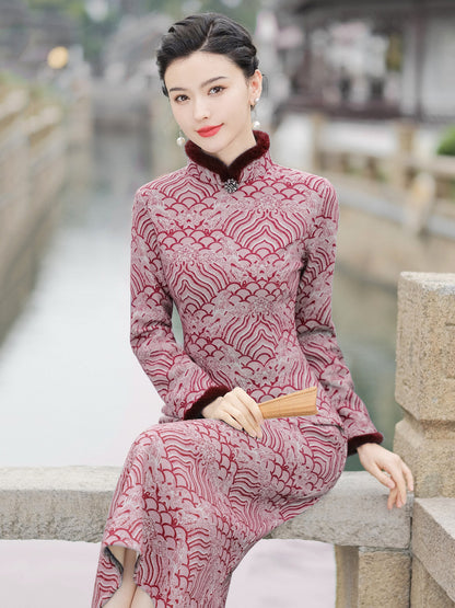 Long Sleeve Fur Trim Oriental Clouds Qipao | Winter Windows
