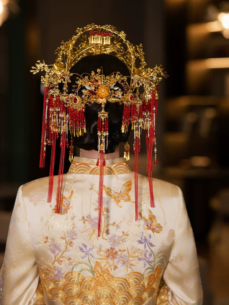 Golden Phoenix Grace - Luxury Phoenix Crown Bridal Headpiece Red Tassel and Gold Flower Chinese Wedding Hair Accessories for Xiuhe Dress