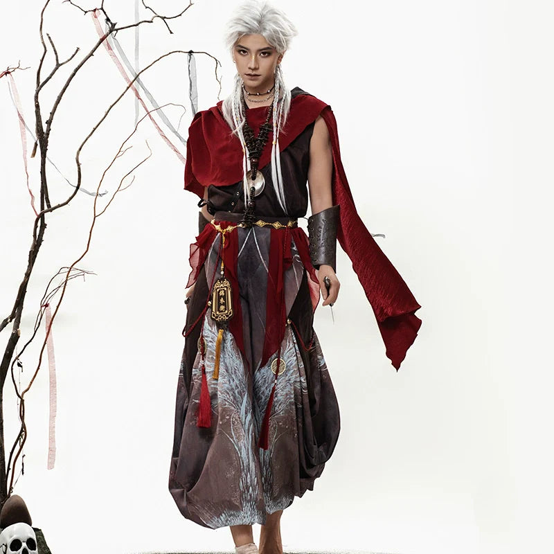 Crimson Feather 赤翎 - Hooded Sleeveless Hanfu Set with Cloak and Pants, Summer Martial Wanderer Outfit (Preorder)