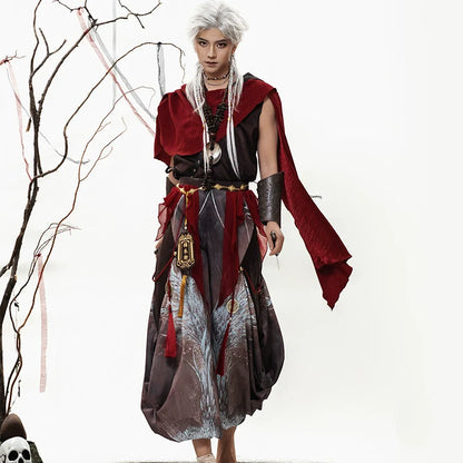 Crimson Feather 赤翎 - Hooded Sleeveless Hanfu Set with Cloak and Pants, Summer Martial Wanderer Outfit (Preorder)