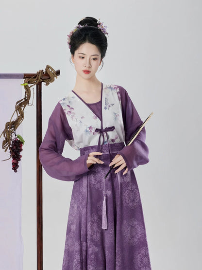 Tang Dynasty Modern Hanfu Set with Beizi Overlay & Flowing Eight-Panel Skirt - Taro Grape 紫芋葡萄 (Preorder)