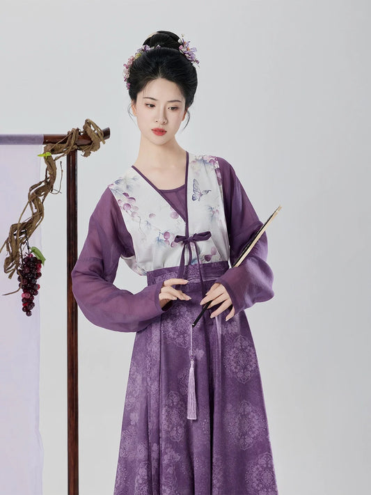 Tang Dynasty Modern Hanfu Set with Beizi Overlay & Flowing Eight-Panel Skirt - Taro Grape 紫芋葡萄 (Preorder)